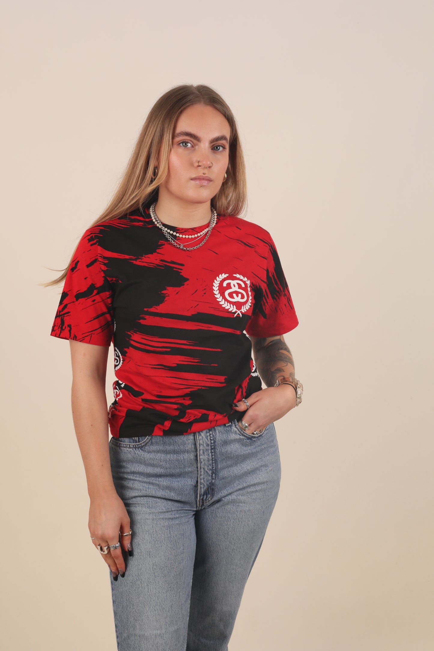Deadstock Stussy painted black / red T-shirt (S)