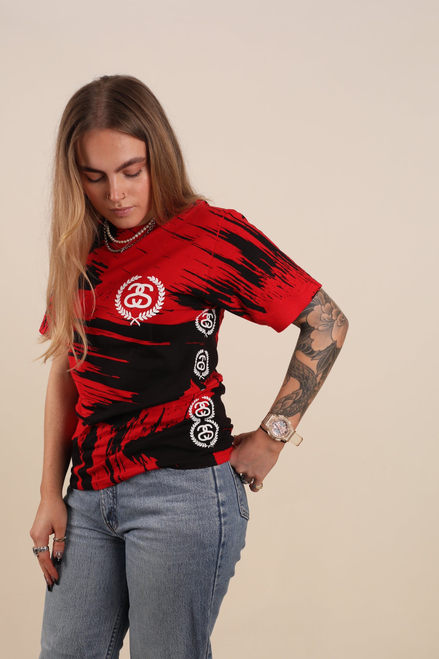 Deadstock Stussy painted black / red T-shirt (S)
