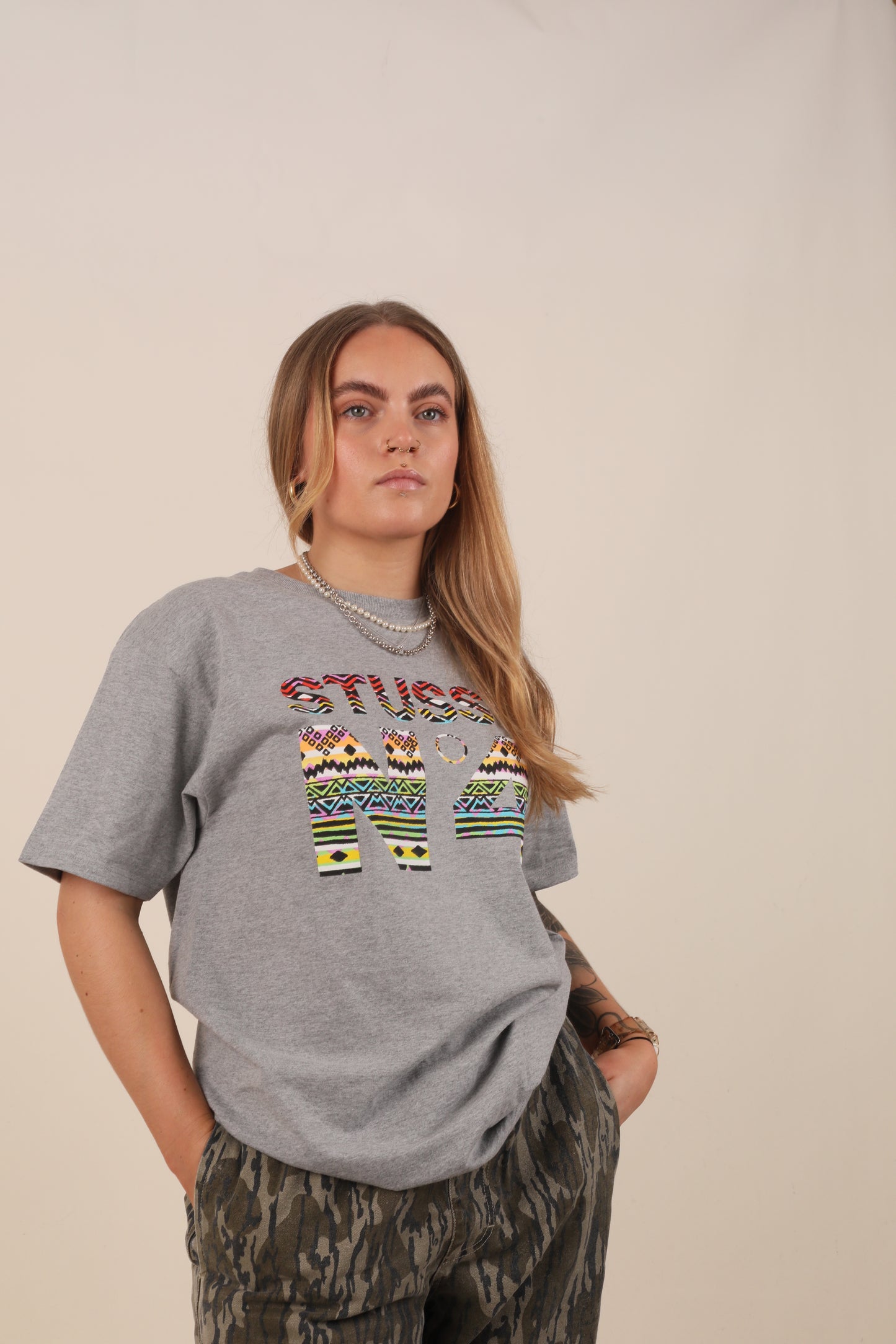 Deadstock Stussy Tribal No4 Heather grey tshirt (M)