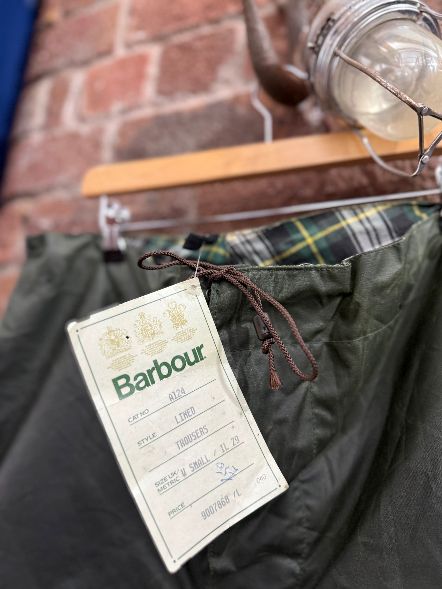 1990 Barbour A124 Lined waxed cotton over-trousers (Small).