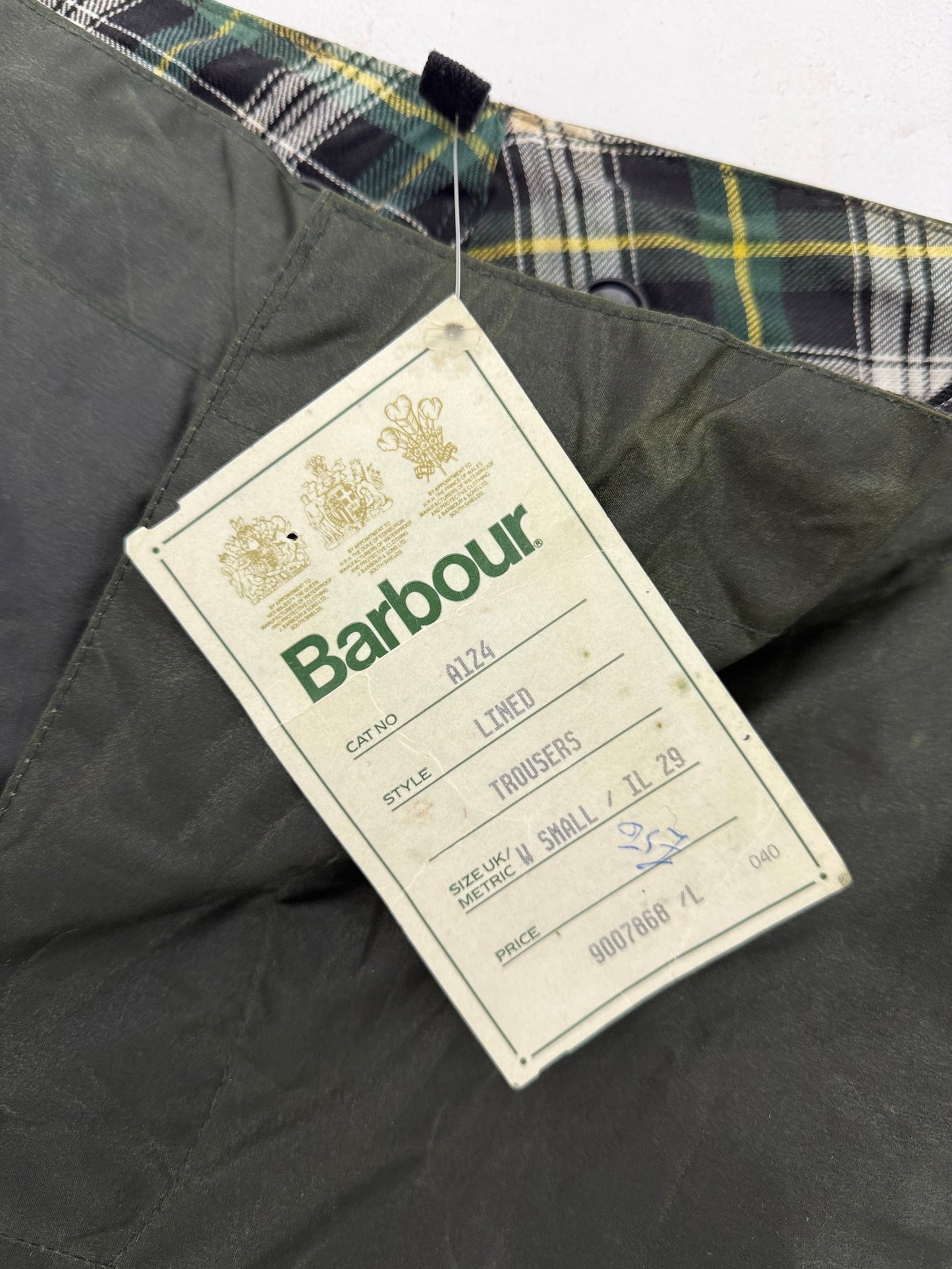 1990 Barbour A124 Lined waxed cotton over-trousers (Small).
