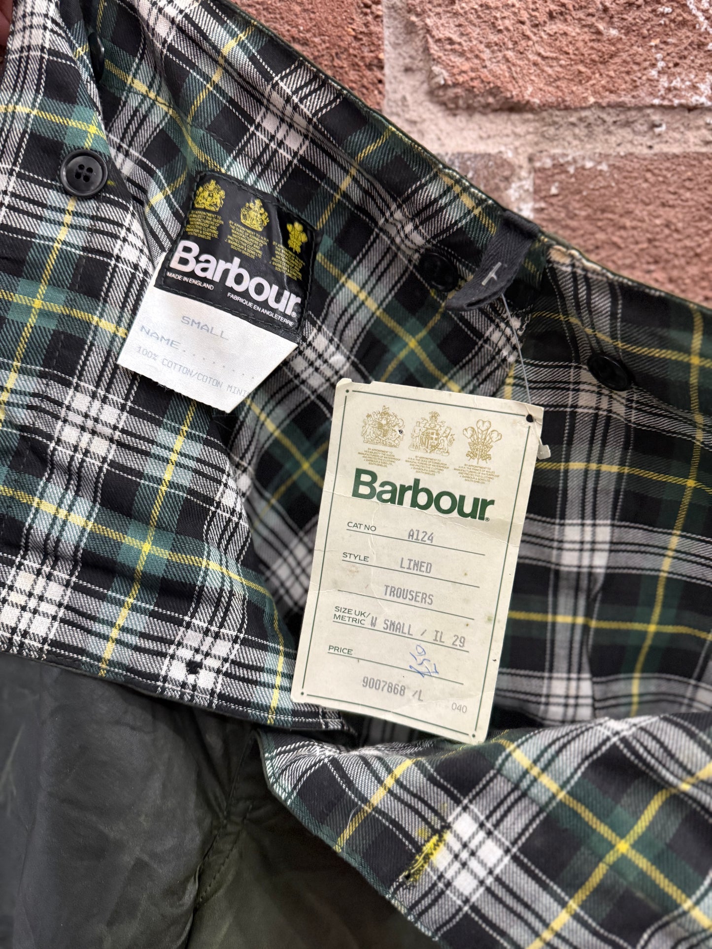 1990 Barbour A124 Lined waxed cotton over-trousers (Small).