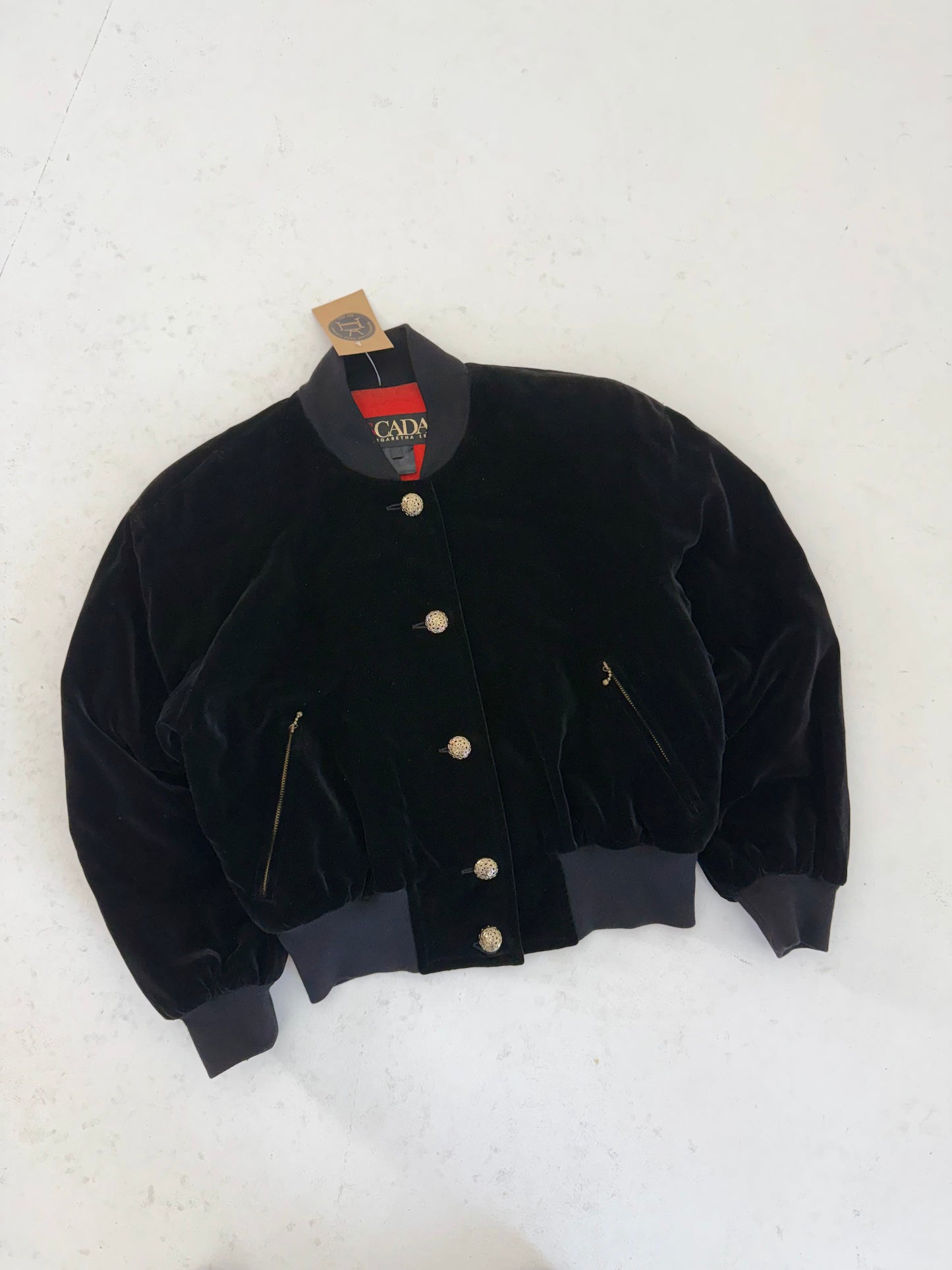 1980s Escada by Margaretha Ley Velvet Black Bomber Jacket UK 8/10