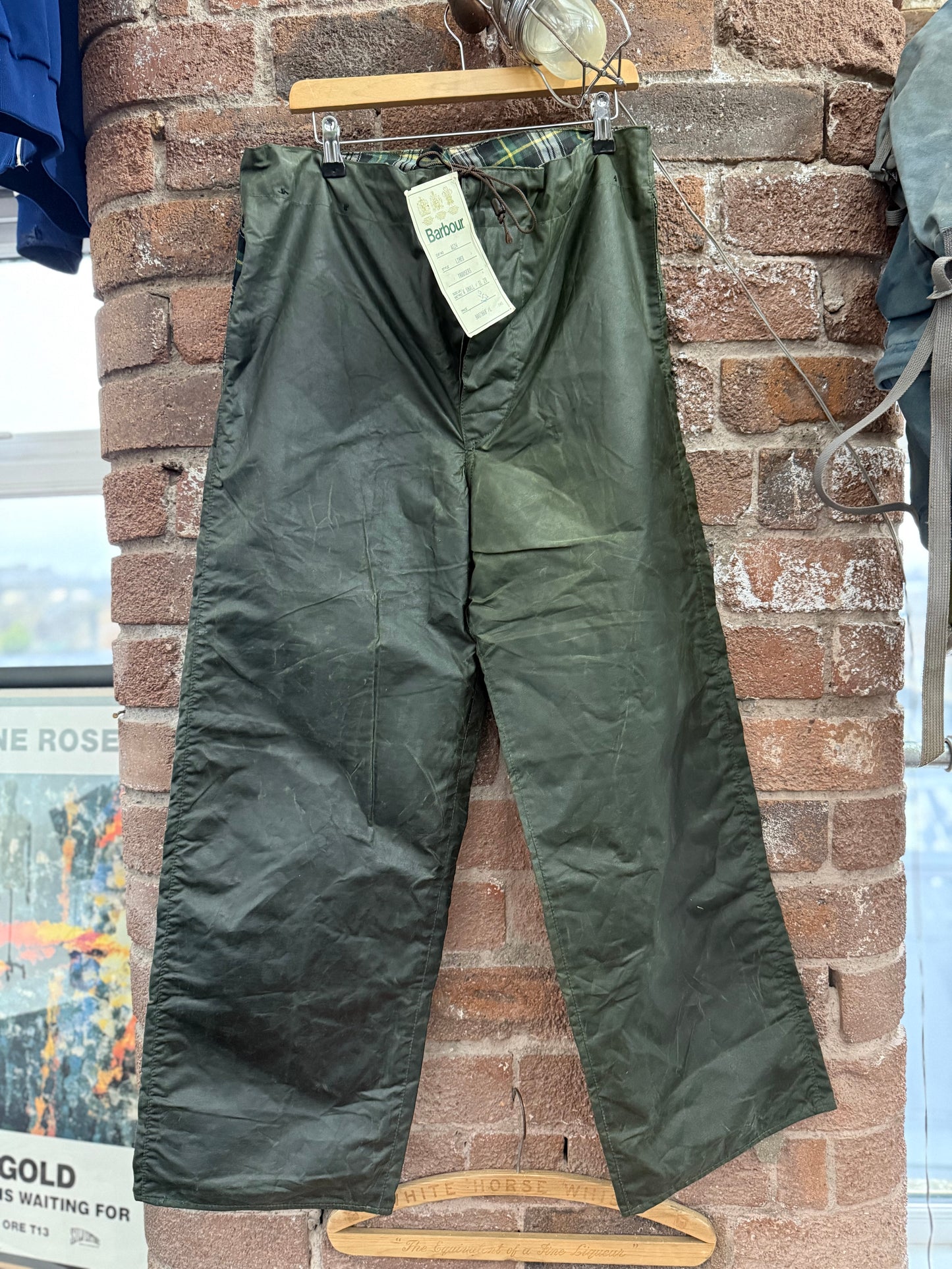 1990 Barbour A124 Lined waxed cotton over-trousers (Small).