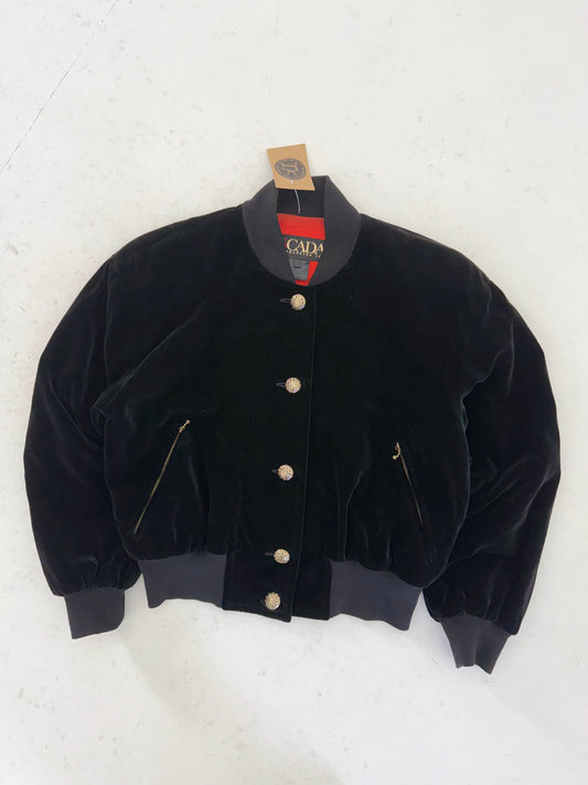 1980s Escada by Margaretha Ley Velvet Black Bomber Jacket UK 8/10