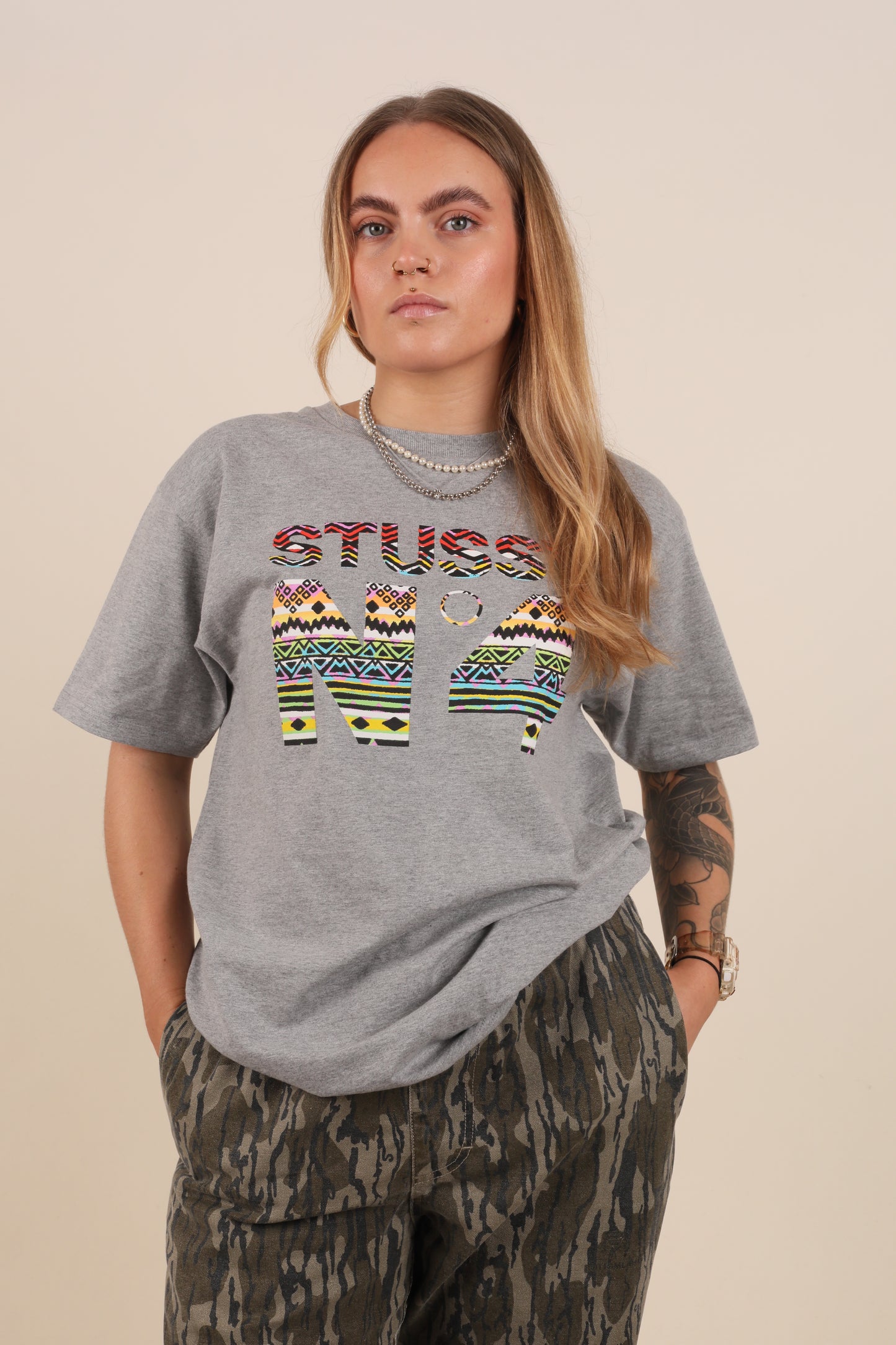 Deadstock Stussy Tribal No4 Heather grey tshirt (M)